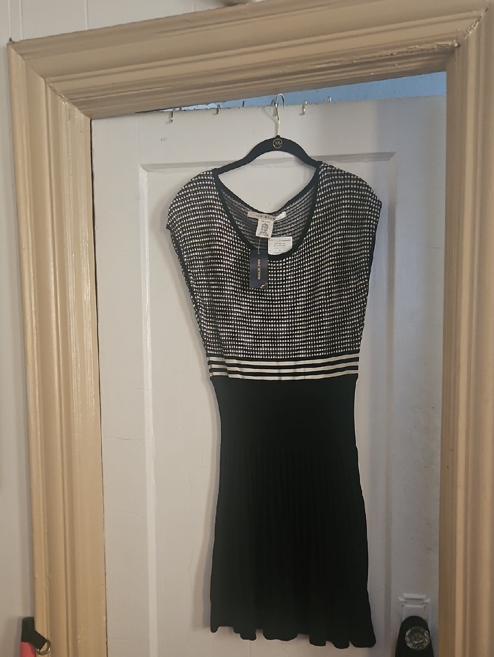 Max Studio Black and White Midi Dress with Textured Bodice